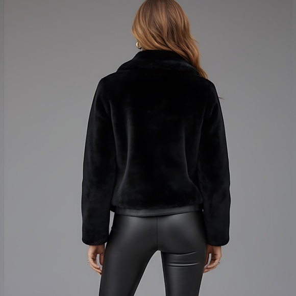 Moto Zip Up Slant Pocket Faux Fur Fuzzy Jacket - Picture 3 of 8